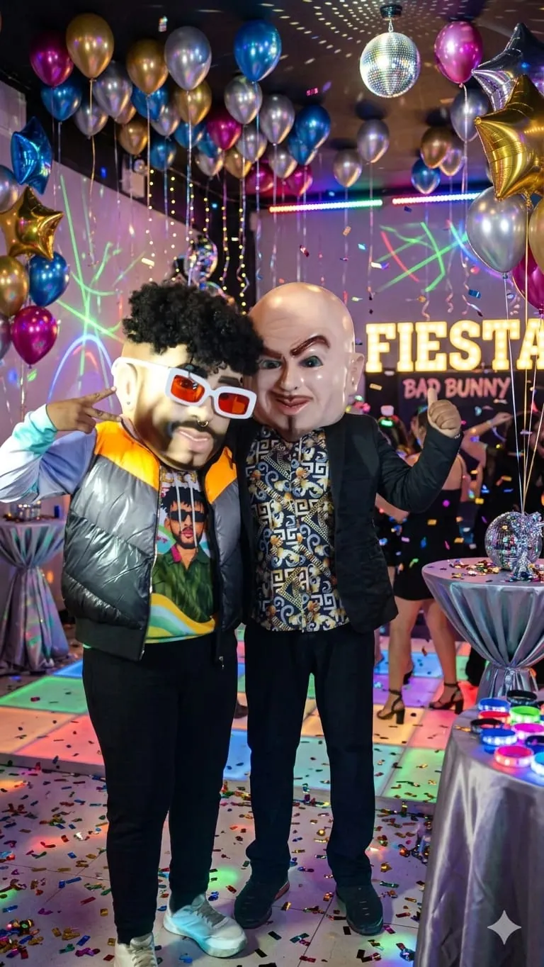 Cabezones de personajes en una fiesta